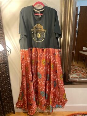 OOAK Upcycled Smokey Bear Graphic Tee with silk Floral polka dot Skirt Combo